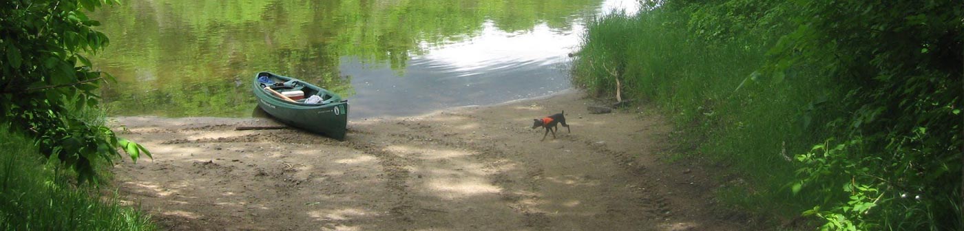 Dog and canoe on a riverbank