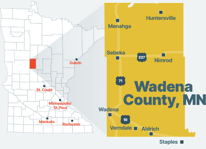 Map showing Wadena County and area communities in Minnesota